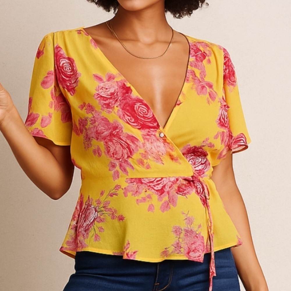 Mango Yellow Flutter Sleeve Wrap Blouse - Picture 2 of 9